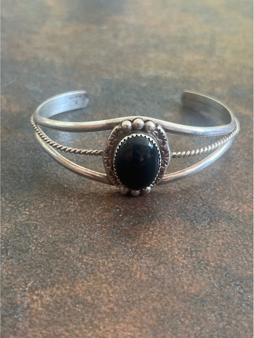 Vintage Navajo Sterling Silver Black Onyx Cuff Bracelet Signed Split Shank